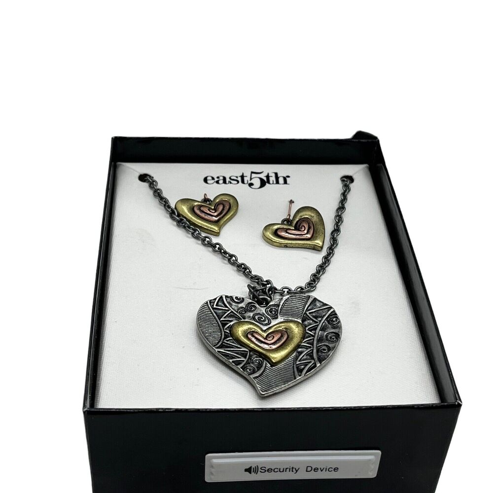 east5th Box Set Heart Necklace and Earrings Mixed Metals Gold Silver Tone Women
